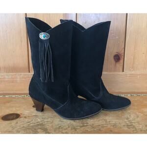 Vintage Pinwheels Western Black Suede BootsTurquoise Fringe Size 8.5 Cowboycore